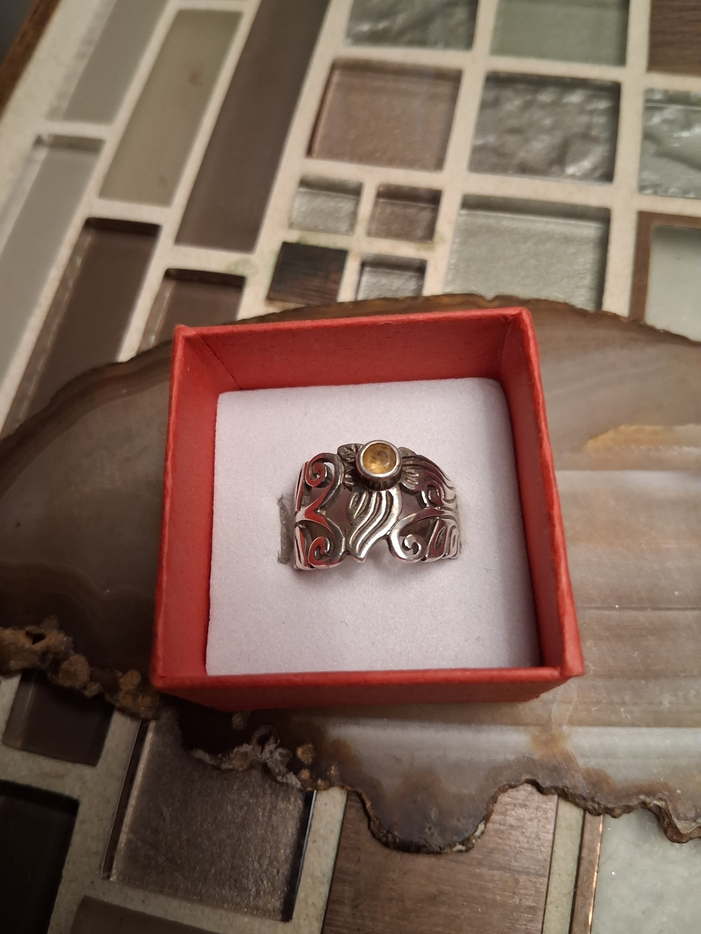 Vintage Silver Filigree Ring with Yellow Gem
